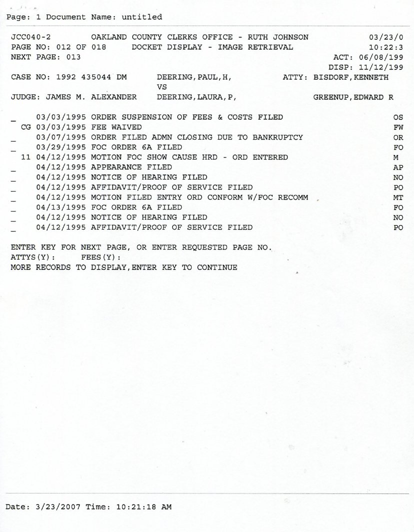 Deering v Deering Docket pp 12 & 13, Circuit Court of Oakland County Michigan