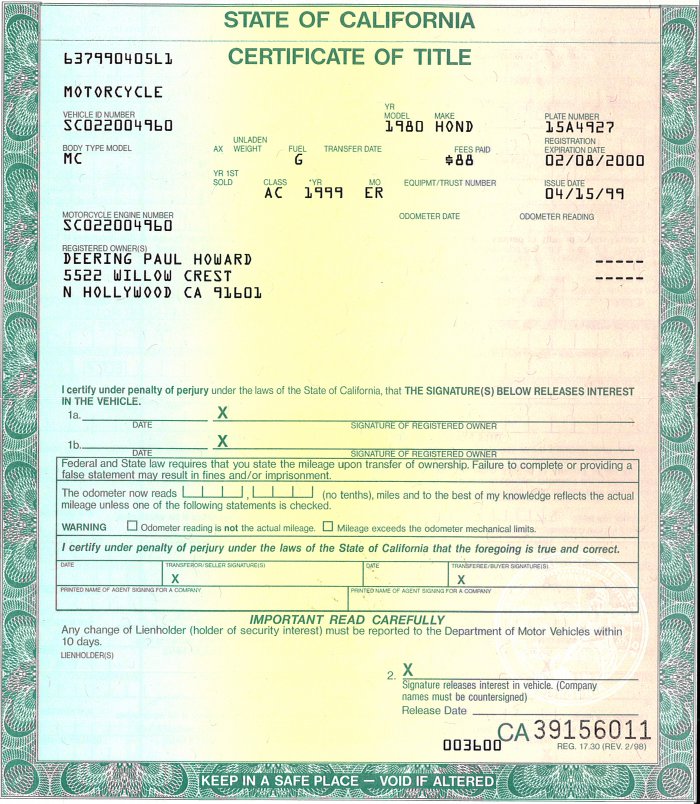 Proof of Not Guilty, 1999 Motorcycle Title