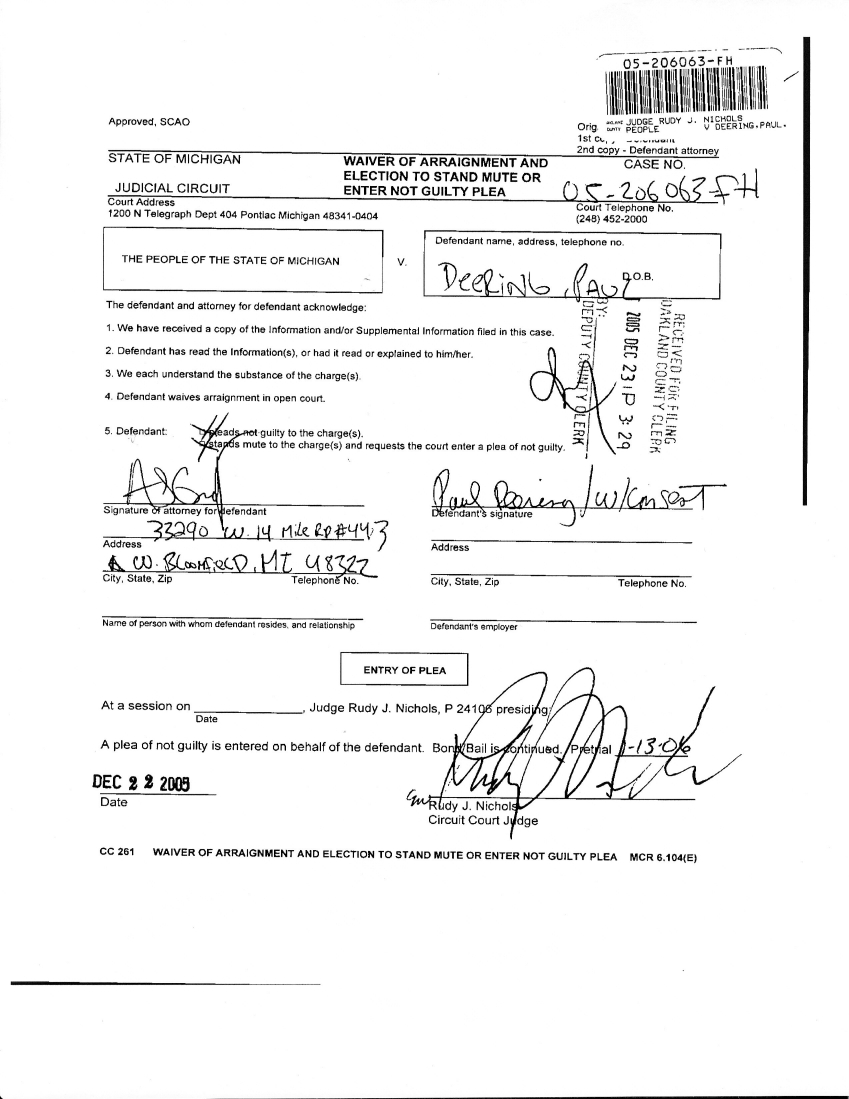 Graff Waives Arraignment Without Authorization