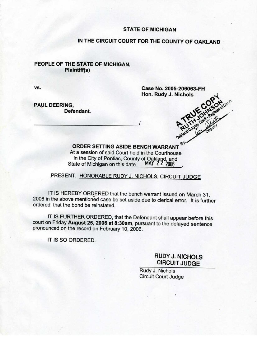 Dishonest Judge Nichols Sets Aside Bench Warrant